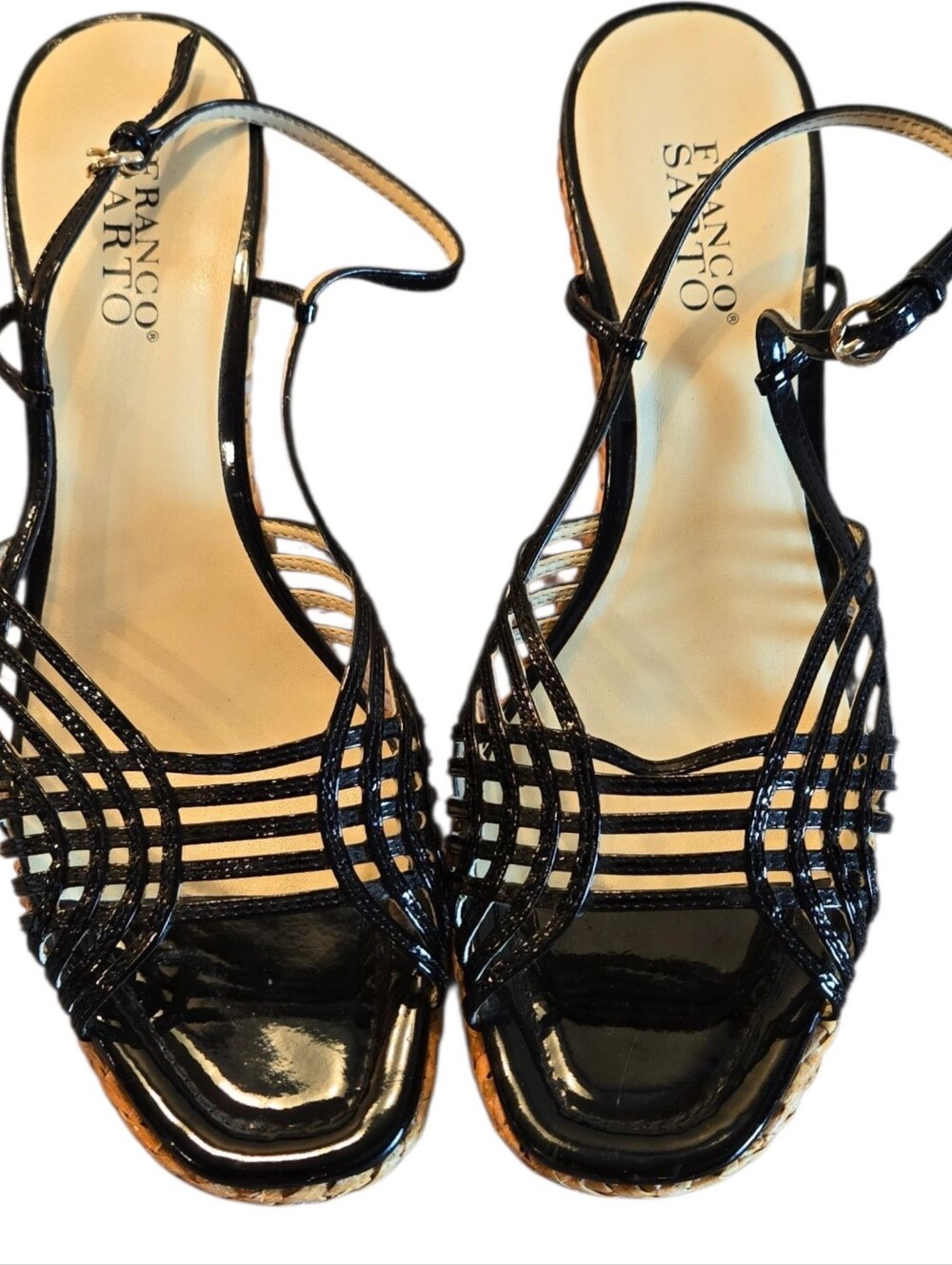 Franco Sarto Black Strappy Patent Leather Sandals Size 8.5